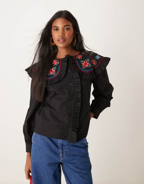 ASOS DESIGN - Camicia nera con colletto oversize ricamato con volant - view 1
