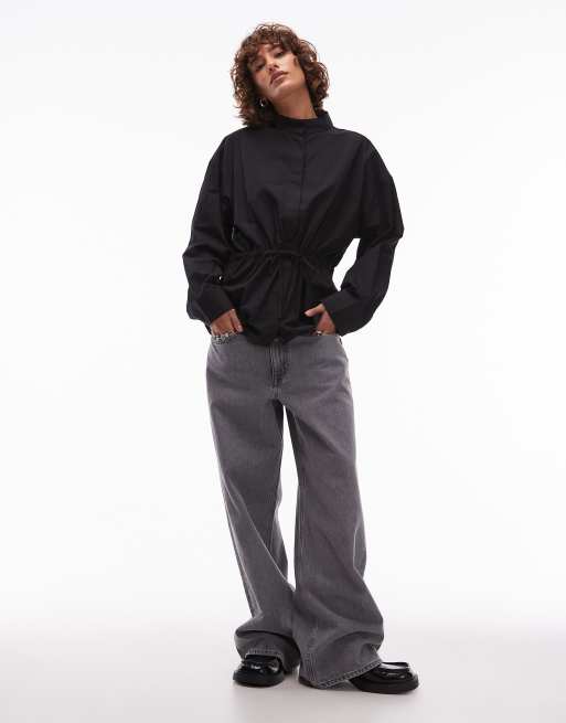 ASOS DESIGN - Camicia nera con collo a imbuto e coulisse in vita, 2 di 4