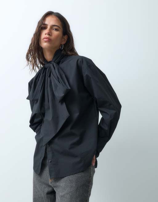ASOS DESIGN - Camicia nera con fiocco grande al collo, 4 di 9