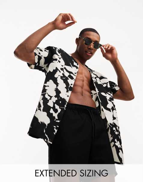 ASOS DESIGN - Camicia nera e bianca a fiori con rever - view 1