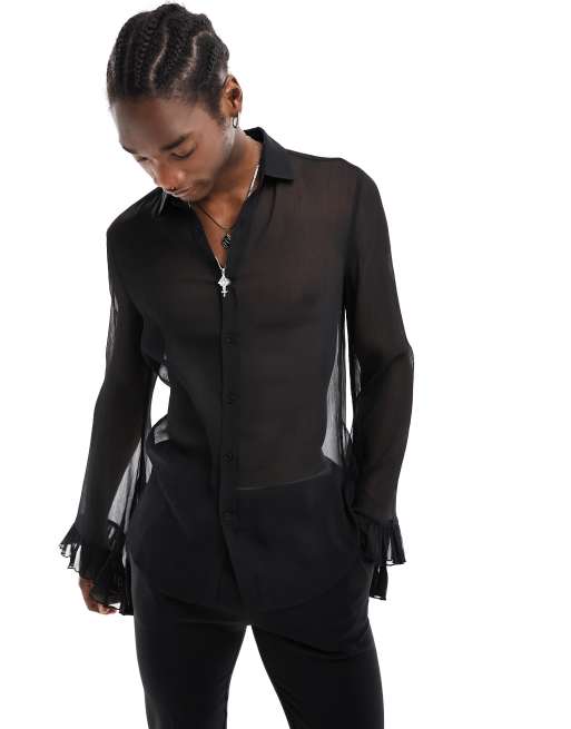 ASOS DESIGN - Camicia nera in chiffon con dettagli sulle maniche