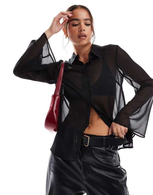 ASOS DESIGN - Camicia nera in tessuto trasparente stropicciato