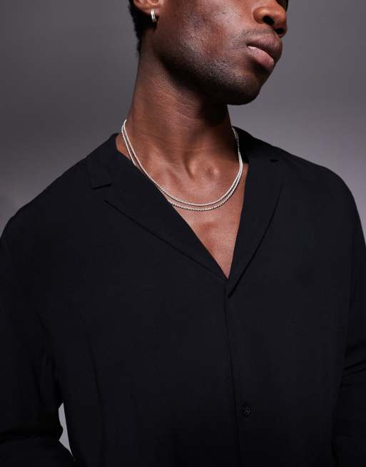 ASOS DESIGN - Camicia nera in viscosa con rever pronunciato, 3 di 4