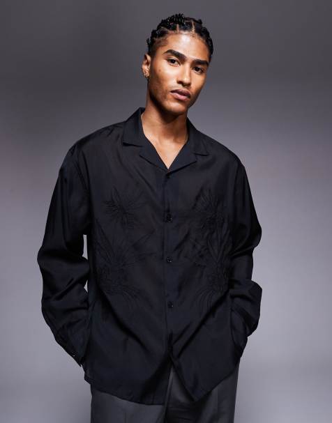 ASOS DESIGN - Camicia nera oversize con ampio collo a rever e ricamo - view 1