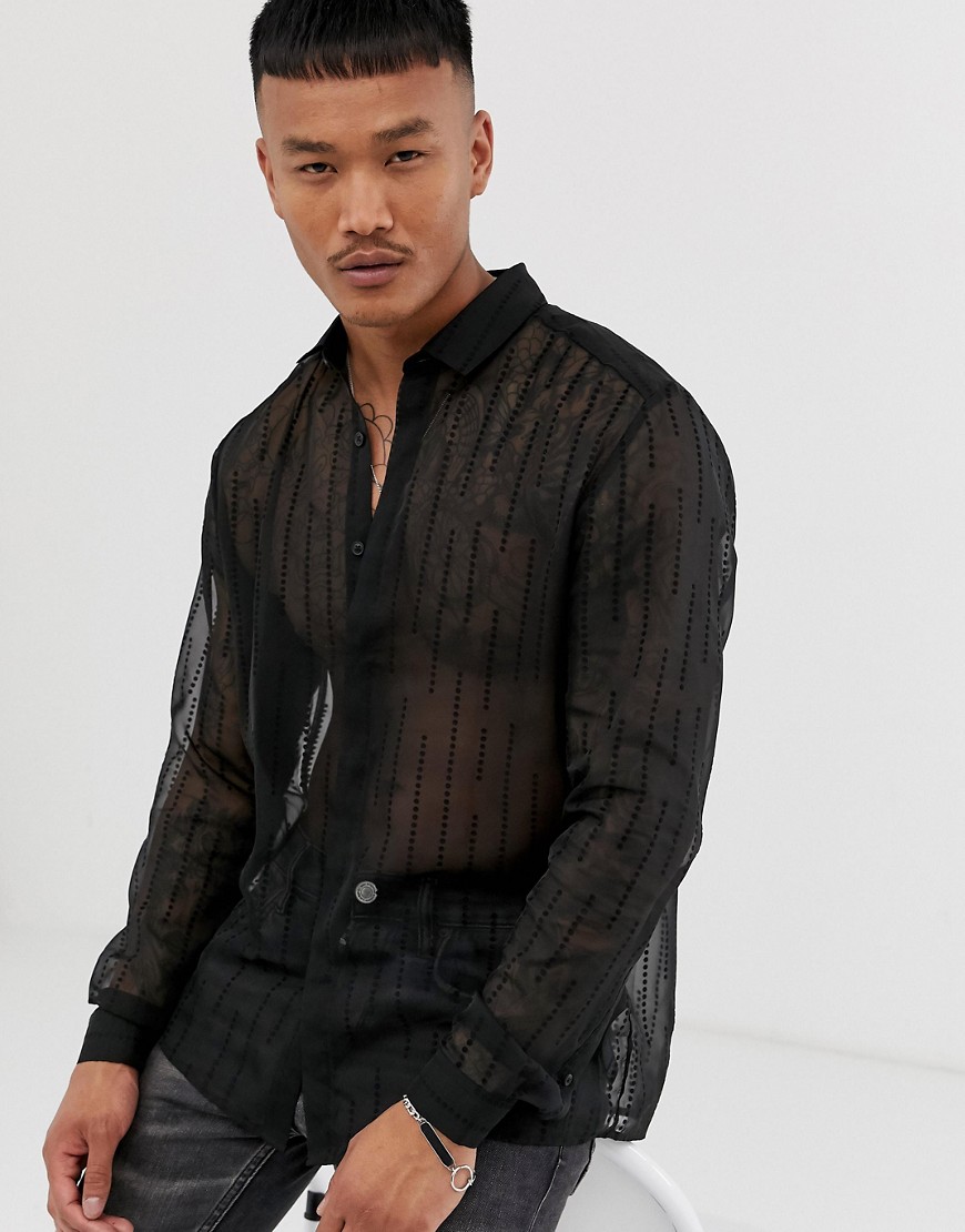 ASOS DESIGN - Camicia nera trasparente con puntini vestibilità classica-Nero