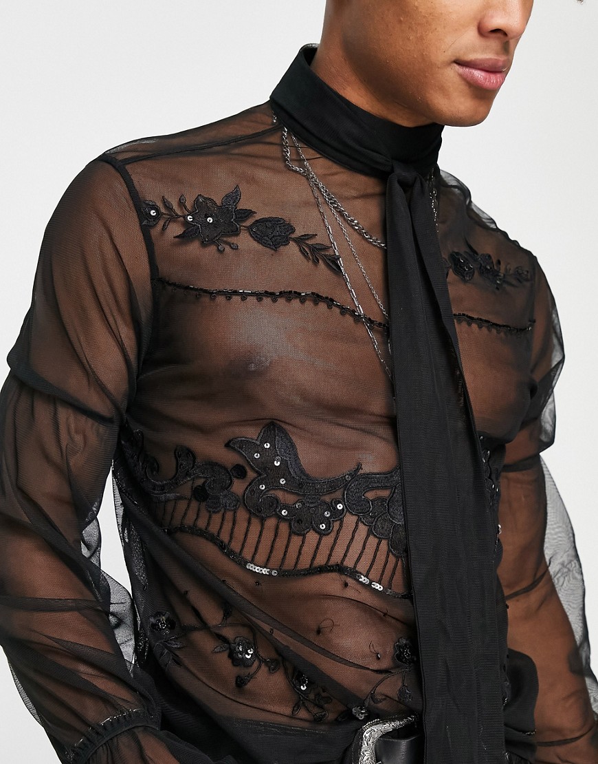 Camicia nera trasparente vestibilità regular con fiocco al collo e dettaglio con ricamo-Nero - ASOS DESIGN Camicia donna  - immagine3