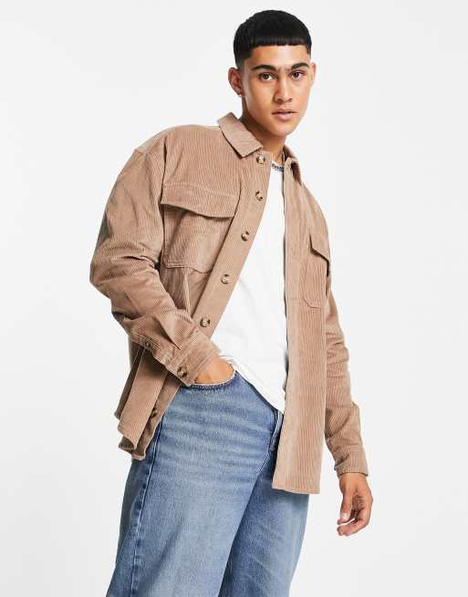 ASOS DESIGN - Camicia oversize a coste con doppia tasca, color tortora