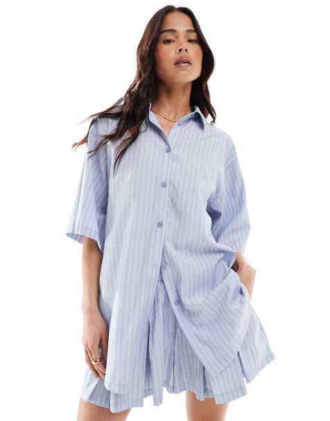ASOS DESIGN - Camicia oversize a maniche corte blu a righe in coordinato - view 1