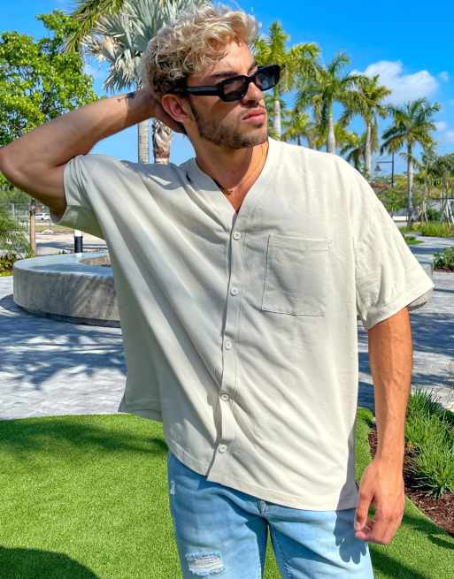 ASOS DESIGN - Camicia oversize a maniche corte in jersey di cotone piqué beige, 3 di 4