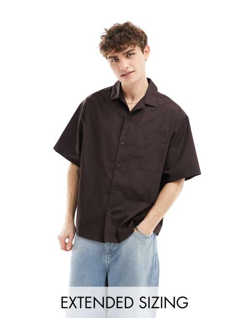 ASOS DESIGN - Camicia oversize a maniche corte in popeline marrone scuro