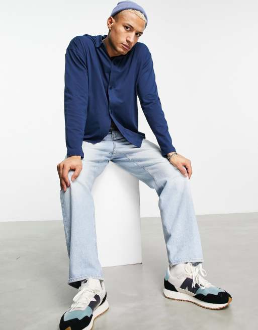 ASOS DESIGN - Camicia oversize a maniche lunghe in jersey blu navy