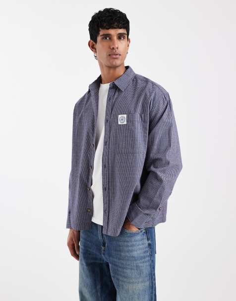 ASOS DESIGN - Camicia oversize a quadri color blu navy con stemma - view 1