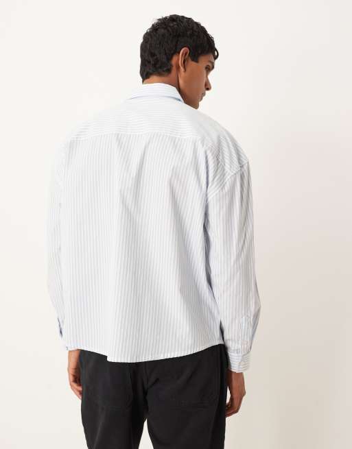 ASOS DESIGN - Camicia oversize a righe bianche e blu con spalle scese e ricamo , 3 di 5