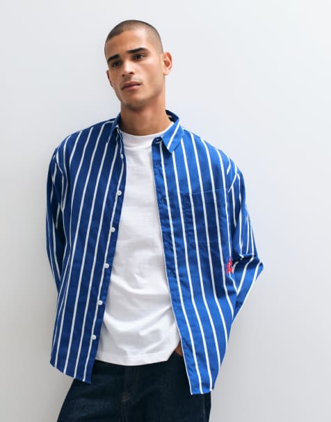 ASOS DESIGN camicia oversize a righe con ricamo applicato blu - view 1