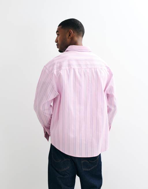 ASOS DESIGN camicia oversize a righe con ricamo applicato rosa, 3 di 5