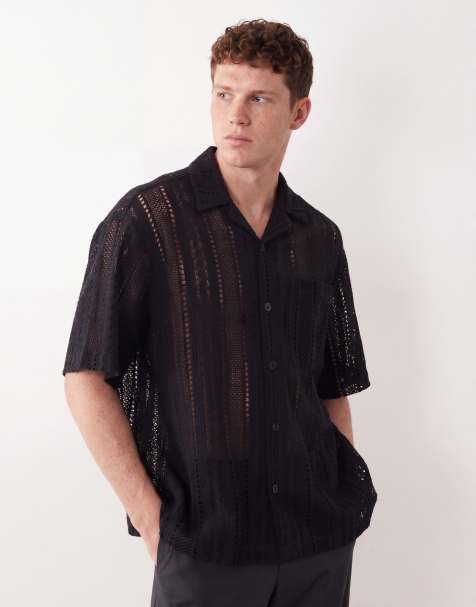 ASOS DESIGN - Camicia oversize all'uncinetto nera con rever - view 1