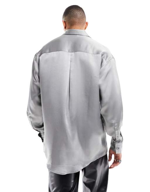 ASOS DESIGN - Camicia oversize anni '90 in raso pesante argento con abbottonatura nascosta, 2 di 4