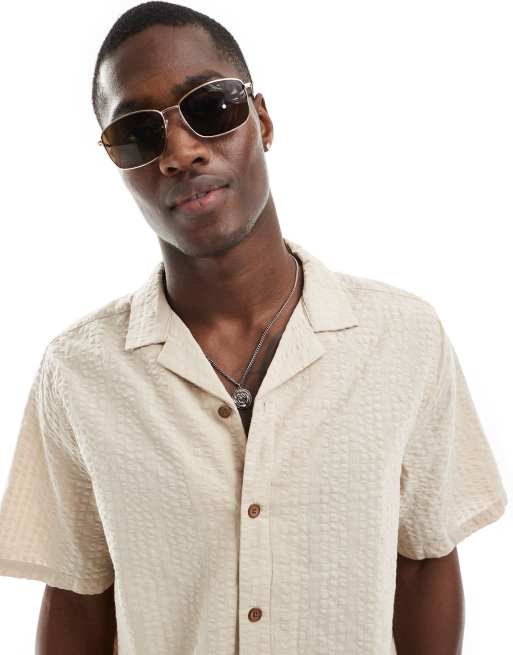 ASOS DESIGN Camicia oversize anni 90 in seersucker testurizzato color pietra in coordinato