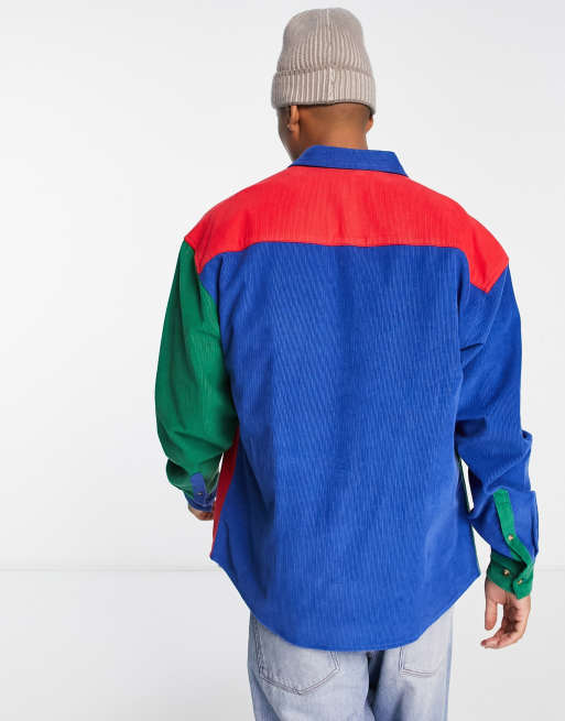 ASOS DESIGN - Camicia oversize anni '90 in velluto colorblock a coste di misto cotone con ricamo sul petto , 2 di 4