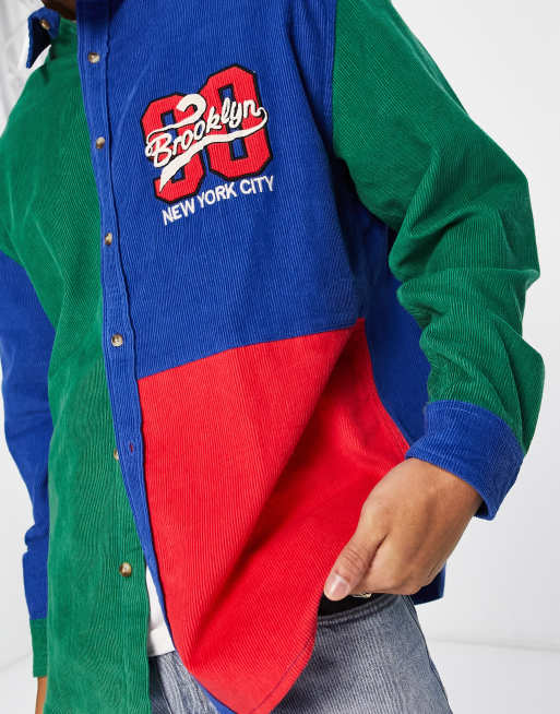 ASOS DESIGN - Camicia oversize anni '90 in velluto colorblock a coste di misto cotone con ricamo sul petto , 3 di 4