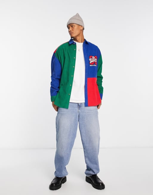 ASOS DESIGN - Camicia oversize anni '90 in velluto colorblock a coste di misto cotone con ricamo sul petto , 4 di 4
