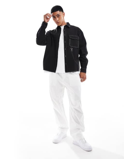 ASOS DESIGN - Camicia oversize anni '90 nera con cuciture a contrasto e dettaglio in metallo