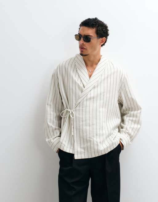 ASOS DESIGN - Camicia oversize avvolgente allacciata a righe effetto lino color ecru