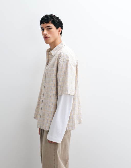 ASOS DESIGN - Camicia oversize beige a quadri, 4 di 5