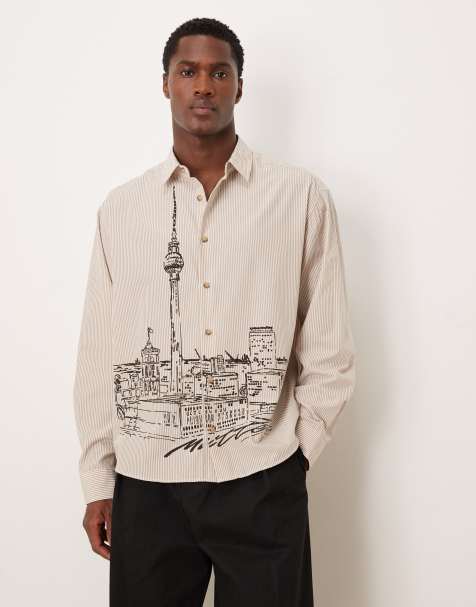 ASOS DESIGN - Camicia oversize beige a righe con stampa di paesaggio - view 1