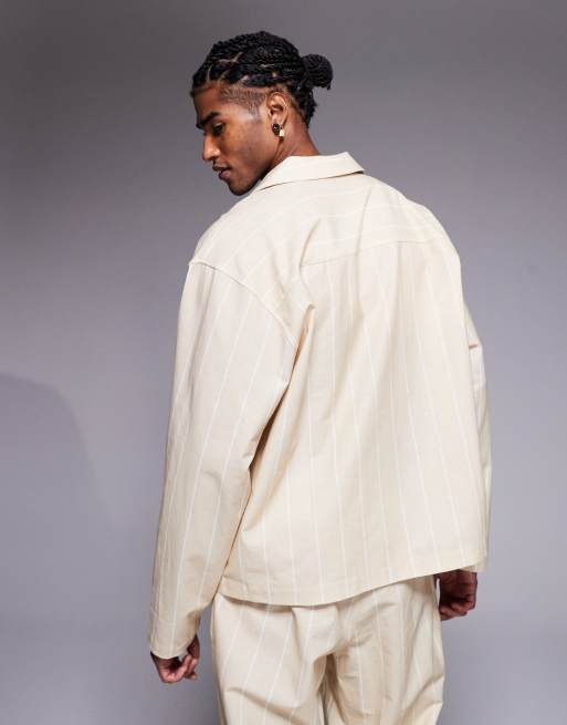 ASOS DESIGN - Camicia oversize beige a righe in coordinato, 4 di 4