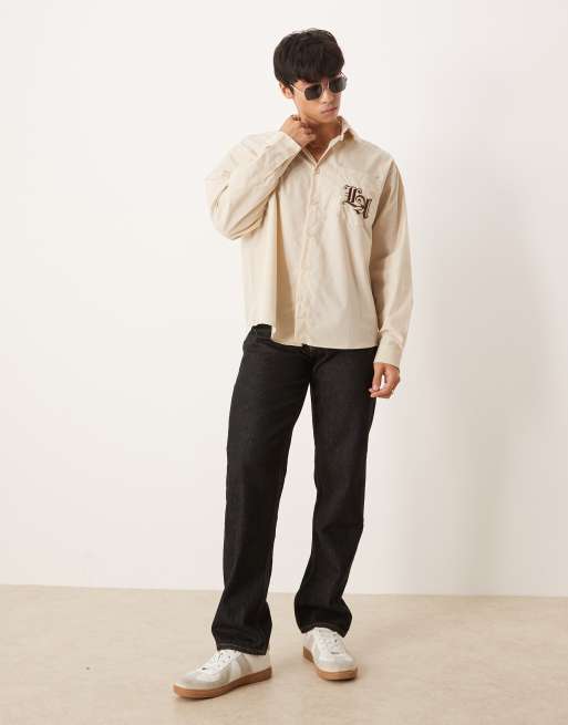 ASOS DESIGN - Camicia oversize beige con ricamo sul petto, 3 di 4
