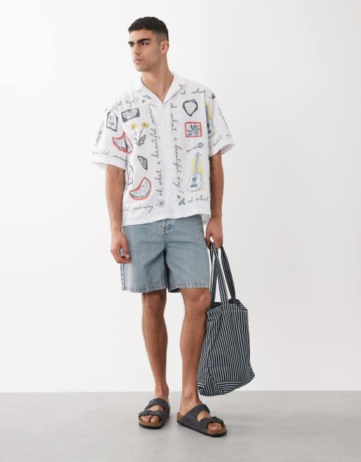 ASOS DESIGN - Camicia oversize bianca con rever e stampa estiva, 2 di 5