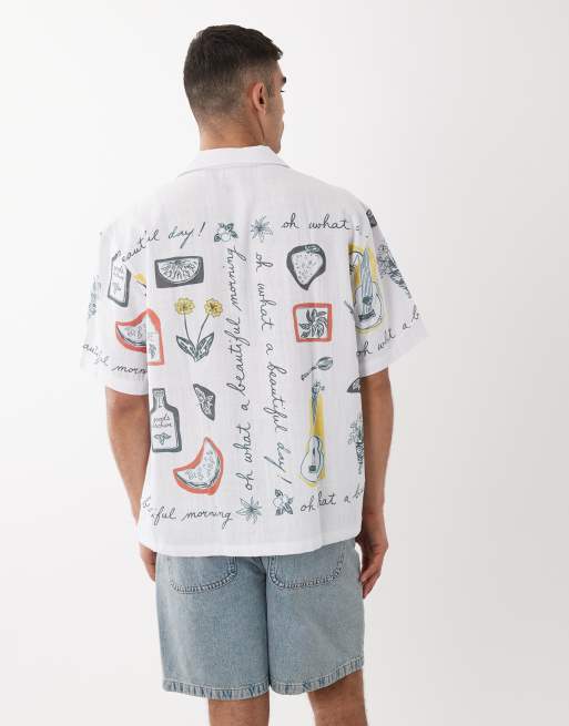 ASOS DESIGN - Camicia oversize bianca con rever e stampa estiva, 5 di 5