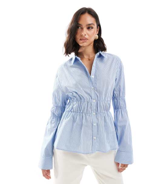 ASOS DESIGN - Camicia oversize blu a righe con dettagli arricciati - view 1
