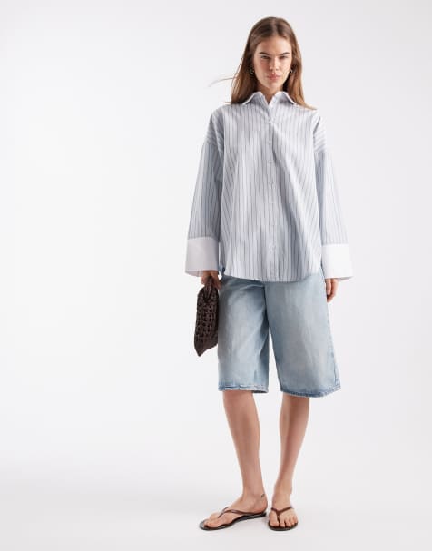 ASOS DESIGN - Camicia oversize blu a righe con polsini a contrasto in coordinato - view 1