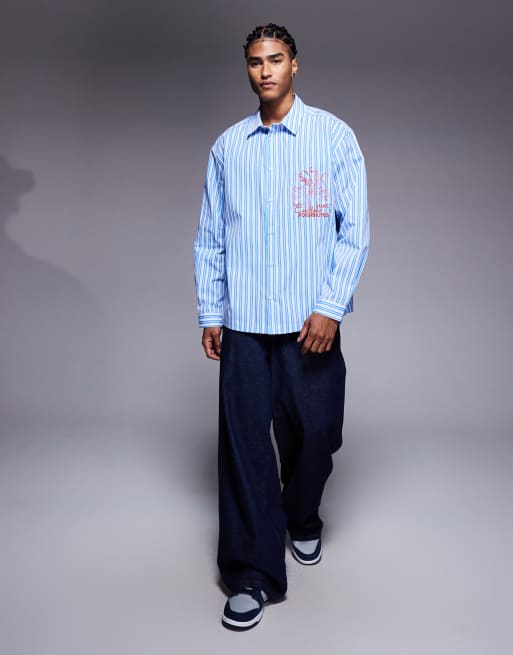 ASOS DESIGN - Camicia oversize blu a righe con ricamo sul petto, 2 di 5