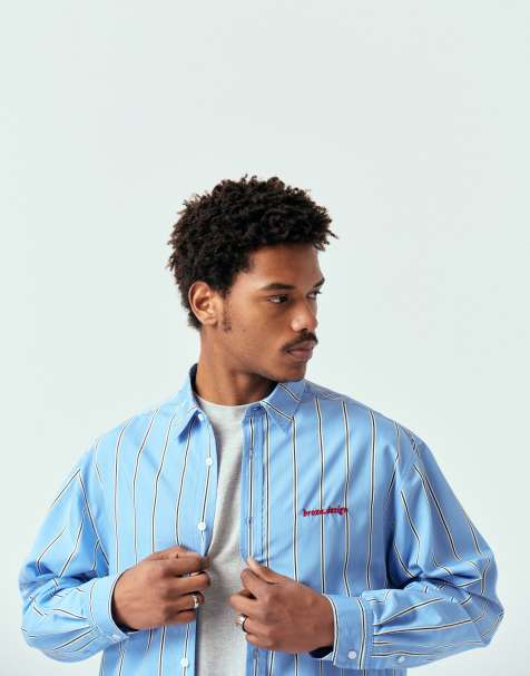 ASOS DESIGN - Camicia oversize blu a righe con ricamo sul petto - view 1