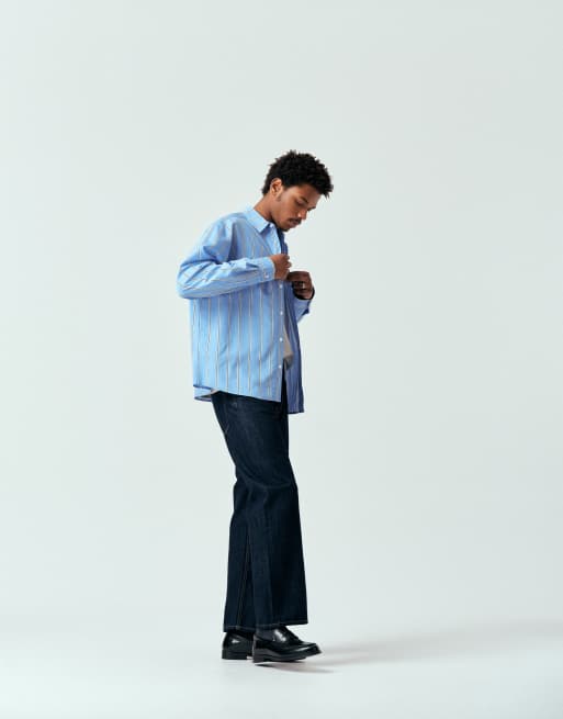 ASOS DESIGN - Camicia oversize blu a righe con ricamo sul petto, 3 di 5