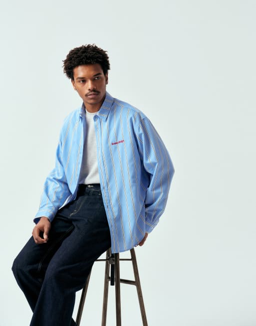ASOS DESIGN - Camicia oversize blu a righe con ricamo sul petto, 5 di 5