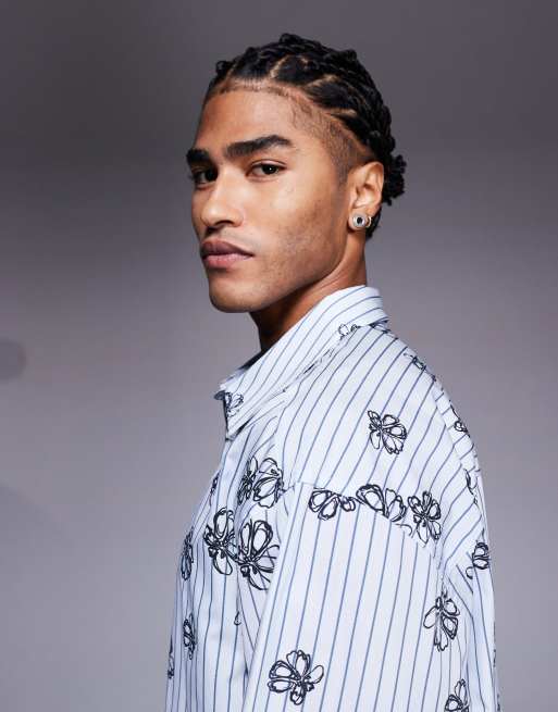 ASOS DESIGN - Camicia oversize blu a righe con stampa a fiori, 4 di 5