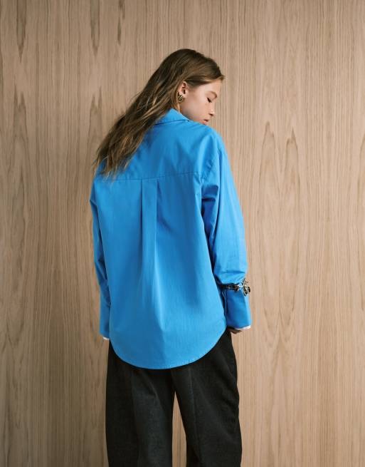 ASOS DESIGN - Camicia oversize blu con polsini lunghi, 3 di 4