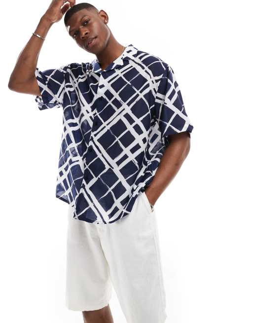 ASOS DESIGN - Camicia oversize blu navy a quadri stile pennellata con colletto a rever
