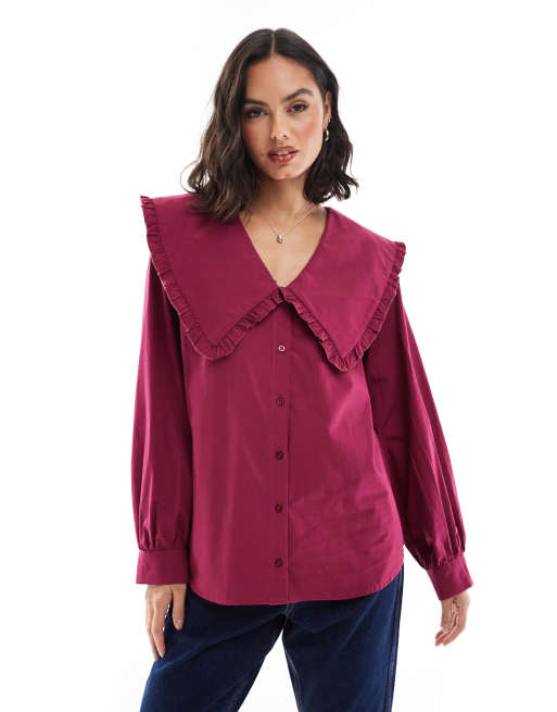 ASOS DESIGN - Camicia oversize bordeaux con scollo profondo e colletto con volant sul bordo