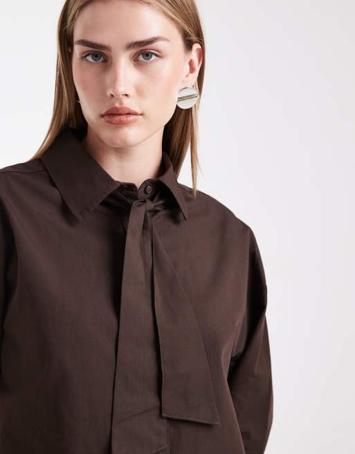ASOS DESIGN - Camicia oversize color cioccolato con cravatta, 3 di 4