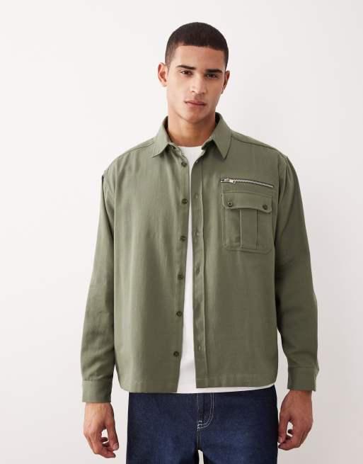 ASOS DESIGN - Camicia oversize color kaki in twill con dettaglio zip