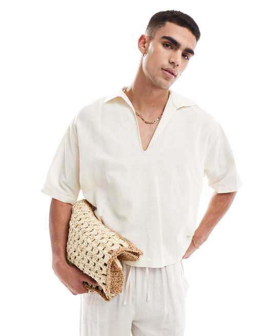 ASOS DESIGN - Camicia oversize color pietra in misto lino 