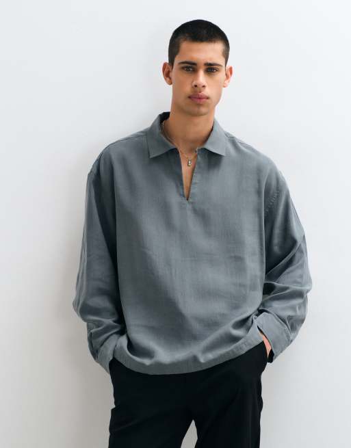 ASOS DESIGN camicia oversize con colletto aperto e dettagli con bottoni in grigio scuro, 1 di 5