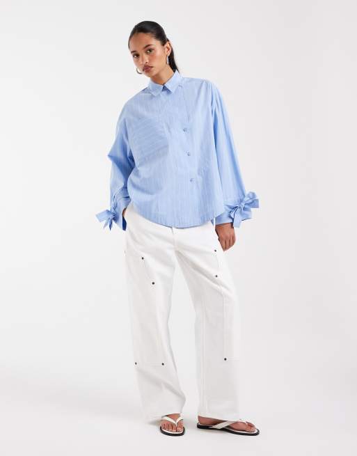ASOS DESIGN camicia oversize con polsini annodati a righe blu, 2 di 4