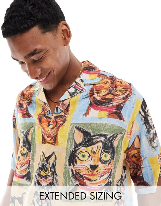 FhyzicsShops DESIGN - Camicia oversize con rever e stampa di gatti disegnati