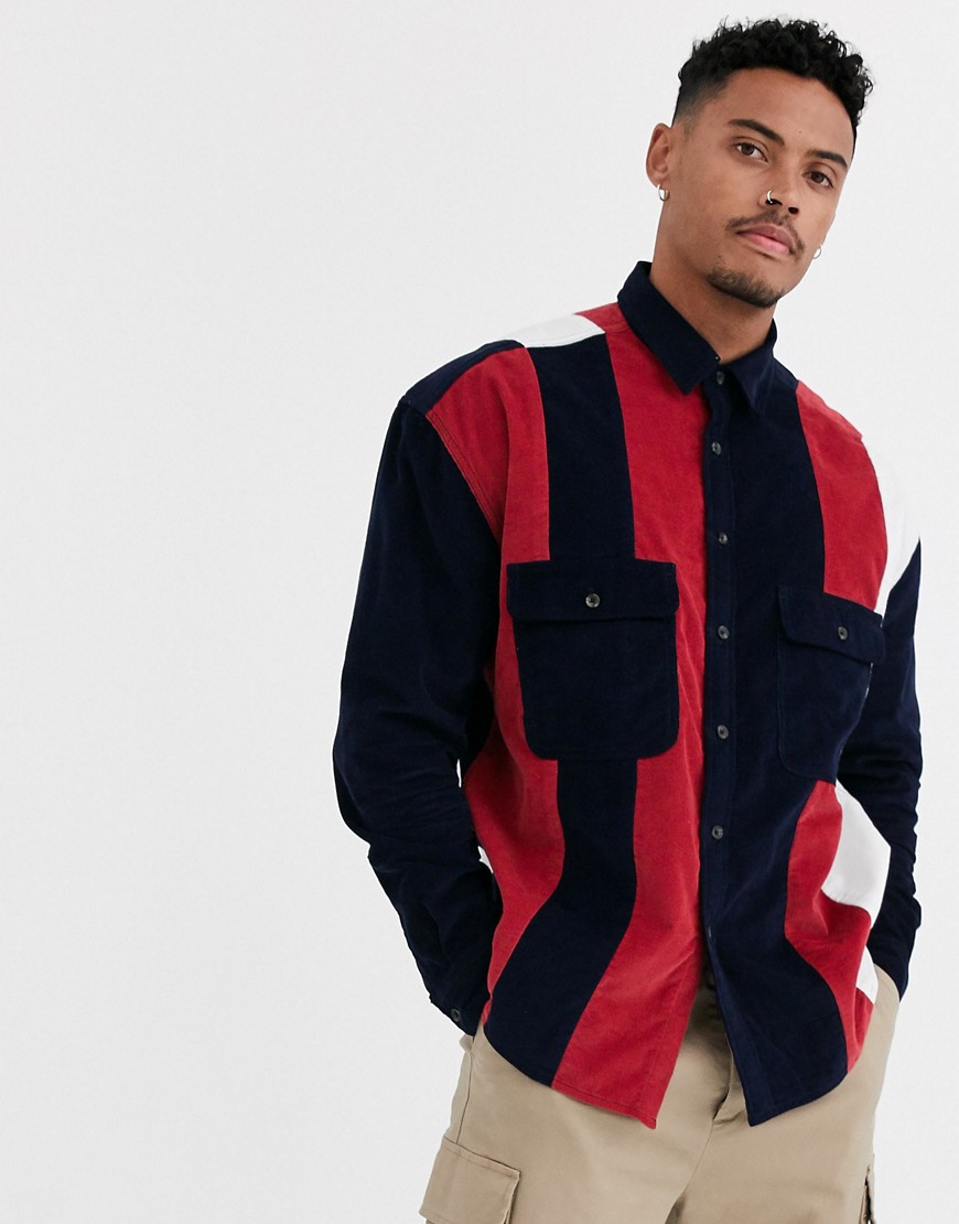 ASOS DESIGN - Camicia oversize cut and sew in tessuto a coste blu navy e ruggine-Multicolore